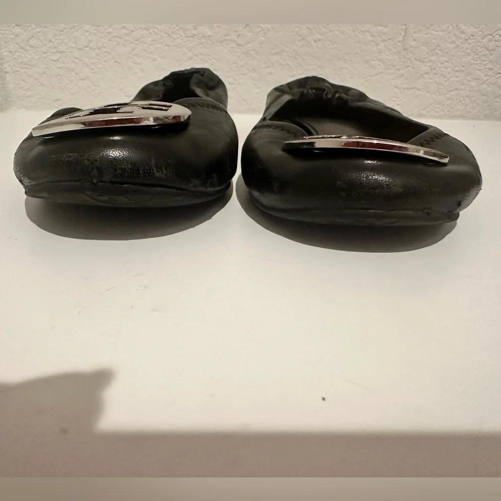 Tory Burch Reva Black Leather Ballet Flats Silver Logo Size 8.5